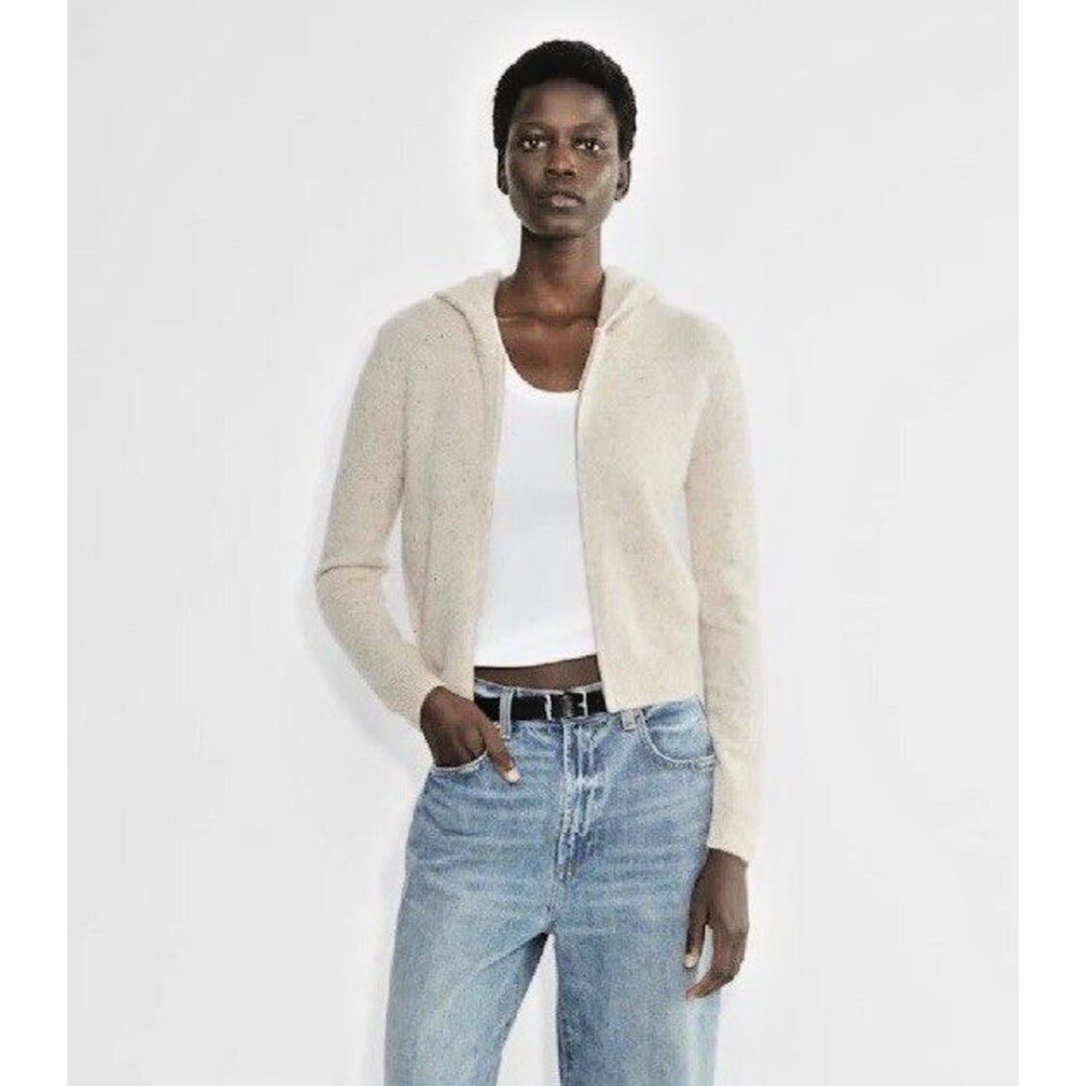 Aritzia Luxe Cashmere Zip Up Hoodie Sweater Small Speckled Oatmeal Quiet Luxury